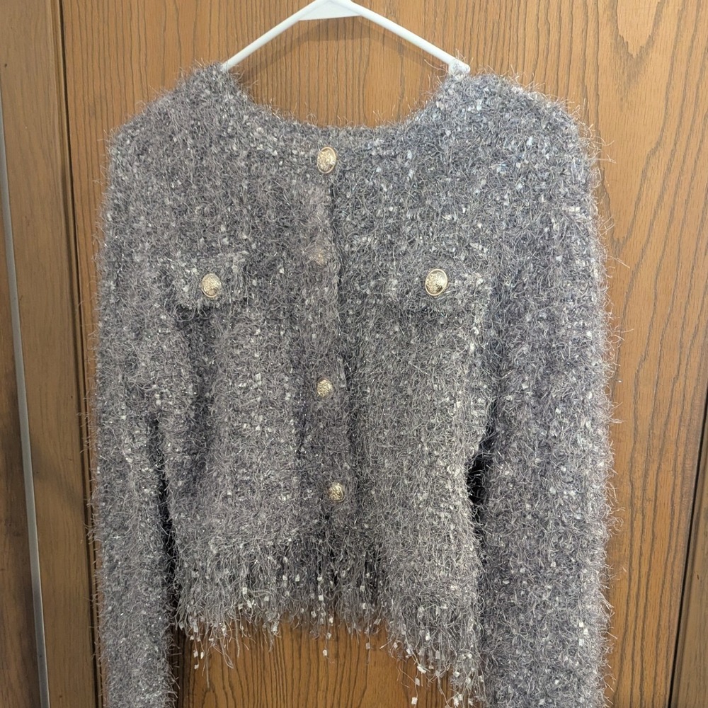 Cider Grey Eyelash Knit Cropped Cardigan Gold Crest Button Sweater Trendy XS